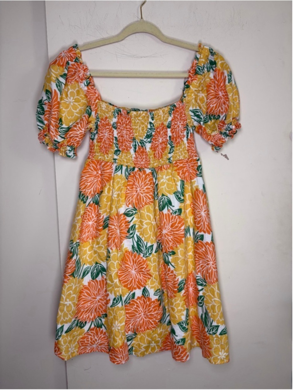 House of Harlow 1960 Linen Smocked Cottagecore Tropical Summer Mini Dress Size M